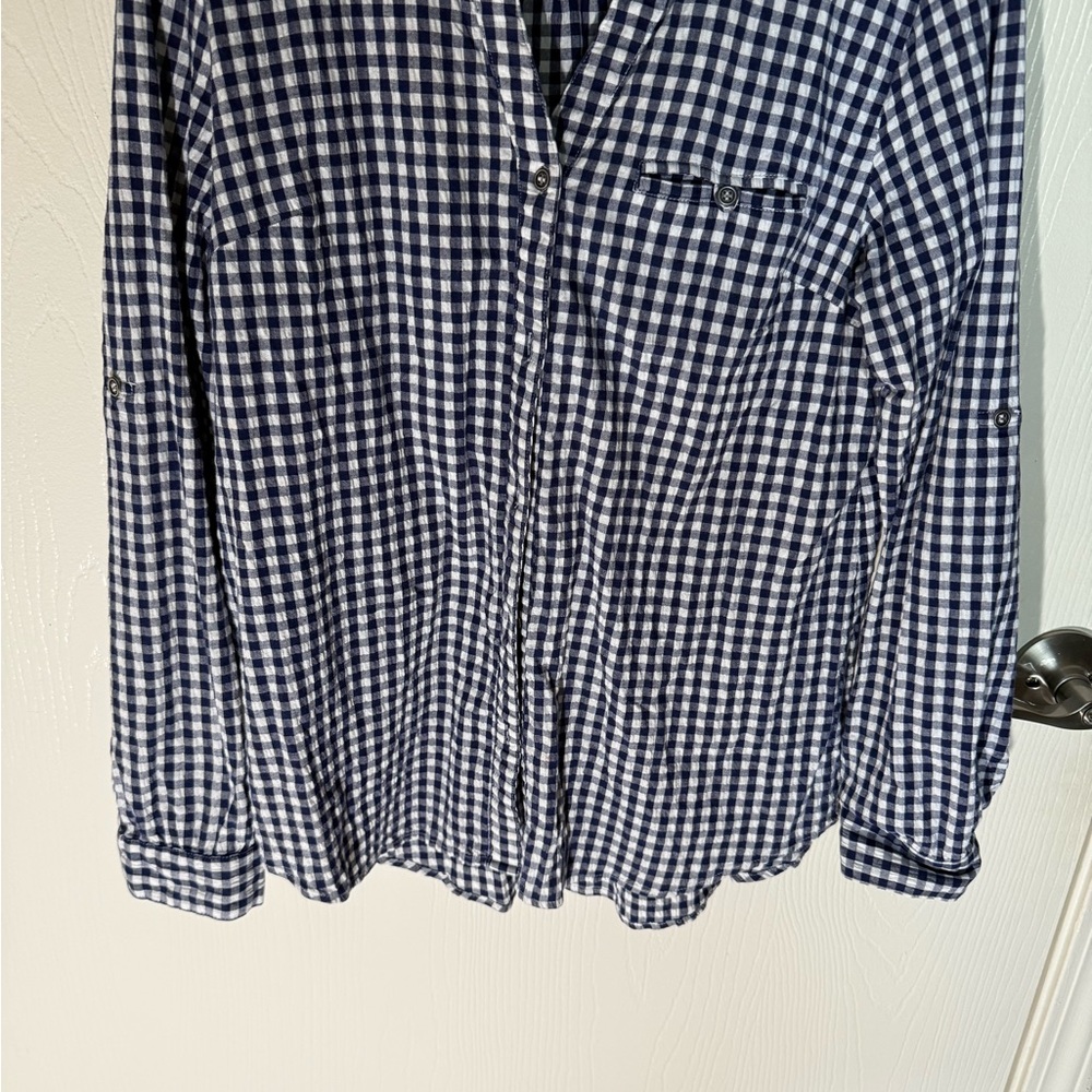 Kut from the Kloth Women’s Button Up Shirt Plaid Gingham Cotton Navy White Sz XL - Picture 2 of 8